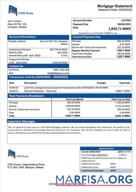 Blank Malawi FDH Bank mortgage statement Word and PDF template